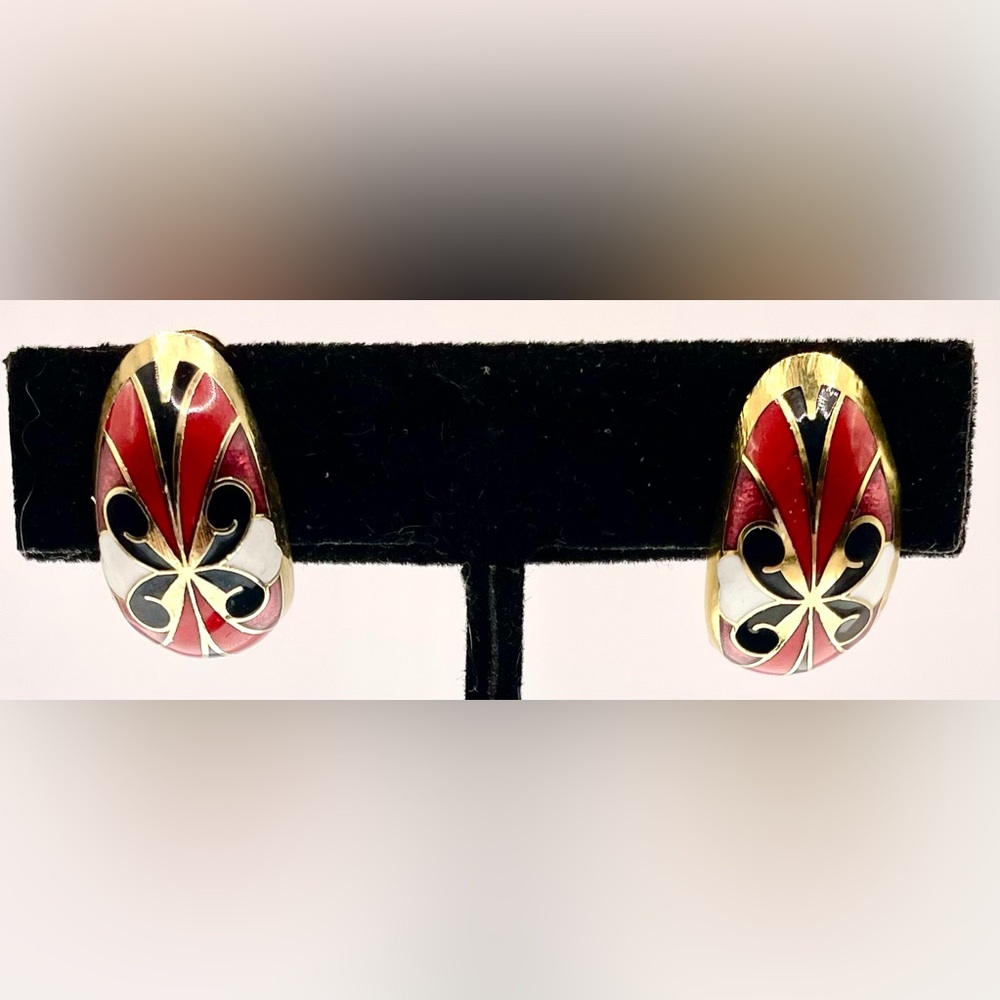 3 for $30 Vintage GoldTone Clip On Earrings Red Black White Enamel Classic Style